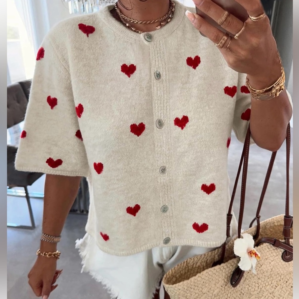 NWT Cream Button-Front Cardigan with Red Heart Motif
